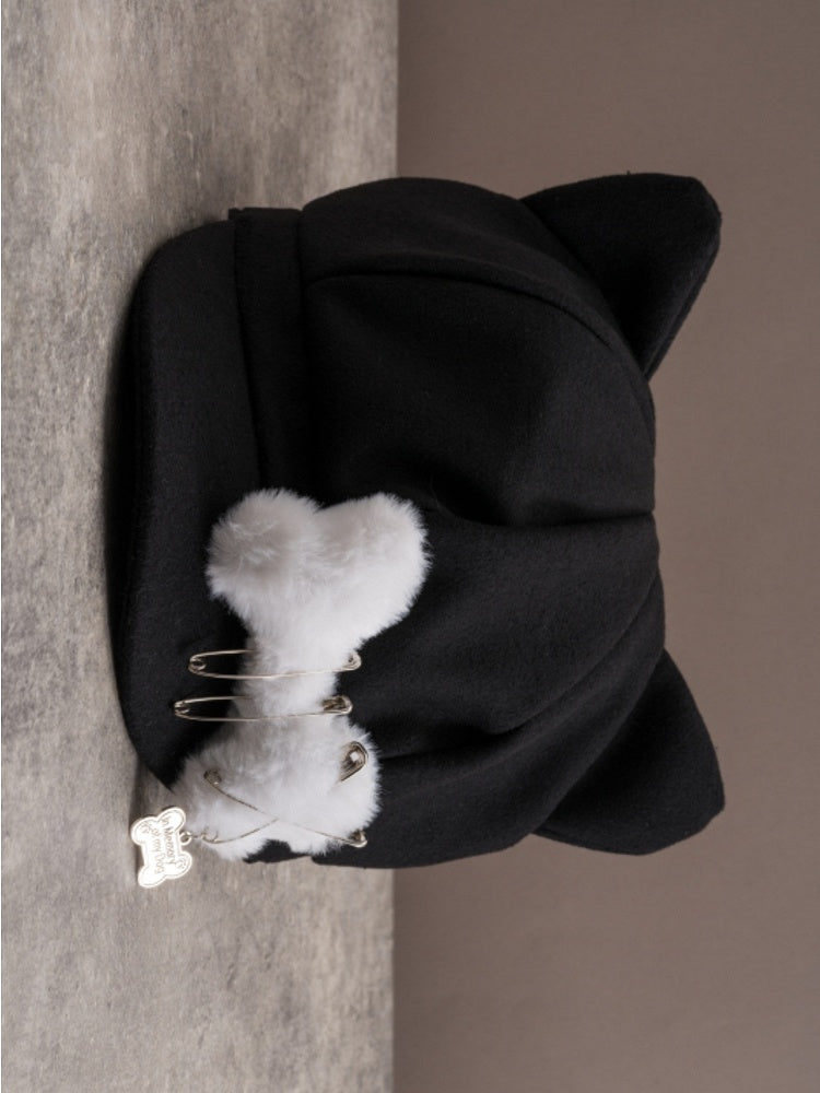 Design Schwarz Gothic Pin Verziert Ohr Hut Baskenmütze Katze Knochen Plüsch