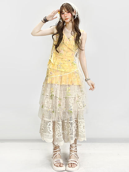 Floral Dress White Asymmetrical Yellow Beige Holiday Set- Sheer Embroidery + Skirt Hem