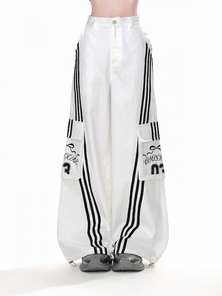 Pants Wide-leg Black Cargo Loose White Pockets