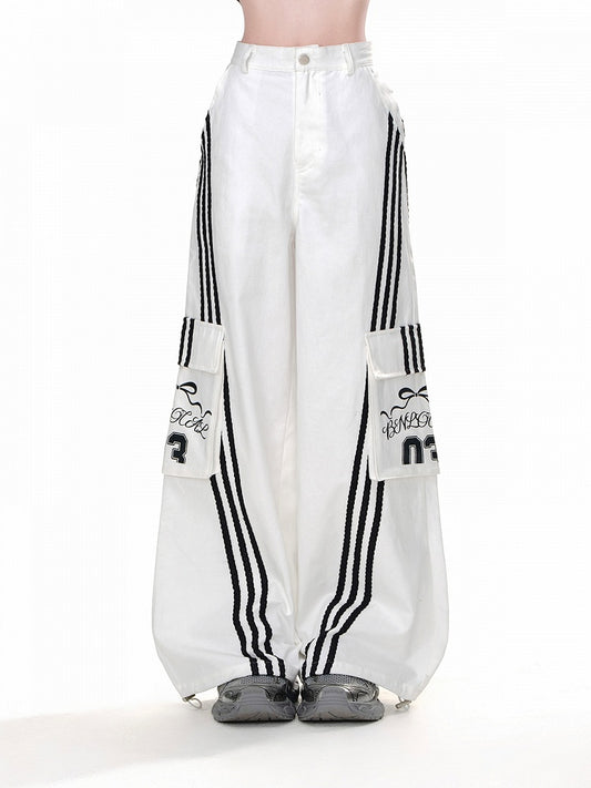 Pants Wide-leg Black Cargo Loose White Pockets