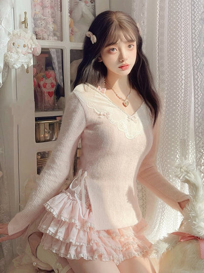 Pink Knit Sweater With Bow Accents and Playful Ribbon Detail Lace-Trimmed V-Neck