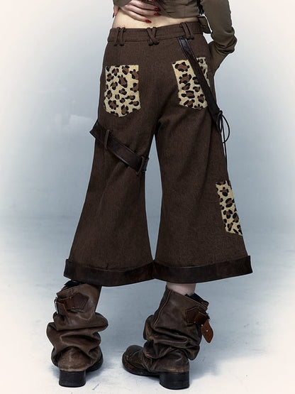 Leopard Pockets Brown Punk Low Waist Pants