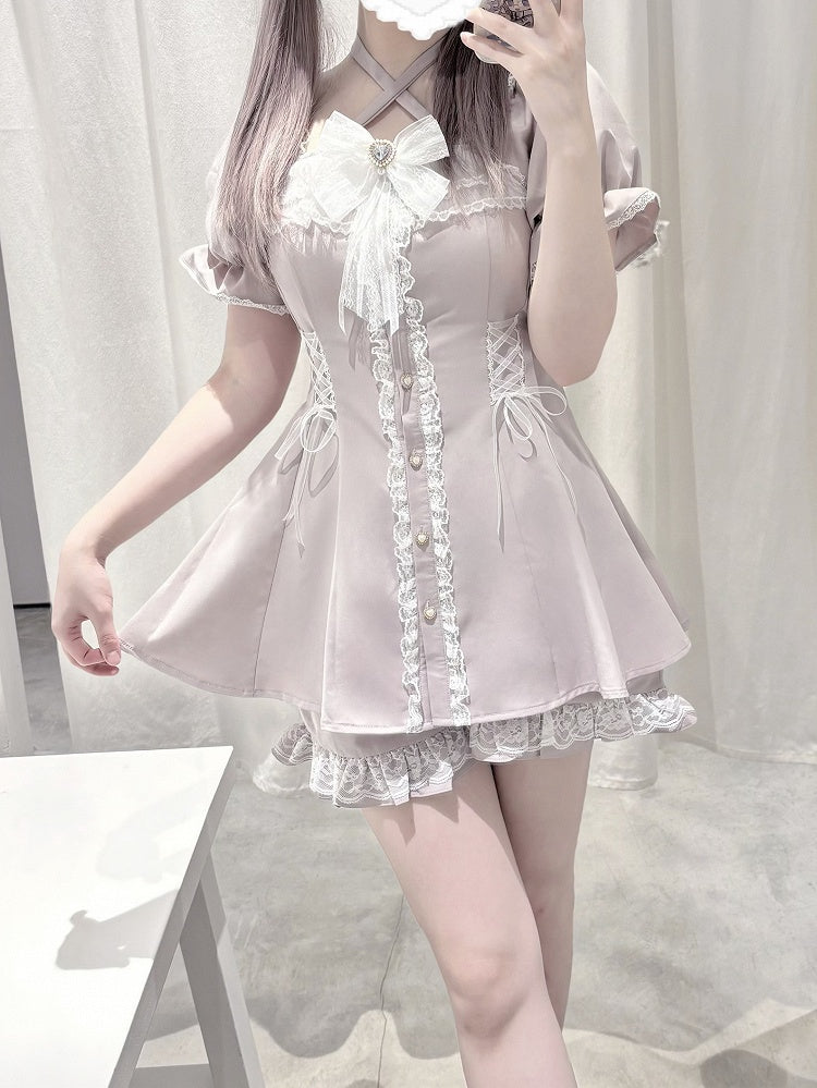 Kleider-Shorts-Set: Knöpfe, Herz-Coord + Sweet Kei Jirai mit hellrosa geformtem Neckholder