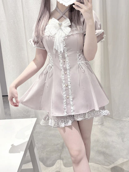 Kleider-Shorts-Set: Knöpfe, Herz-Coord + Sweet Kei Jirai mit hellrosa geformtem Neckholder