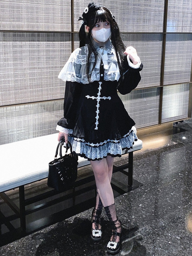 Jirai Kei White&Black/All Black Lace Cape Design Landmine Style Blouse