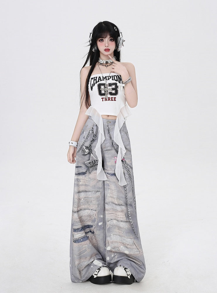 Grey Low Holes Waist Distressed Chains 3D Print Wide-Leg Casual Pants and