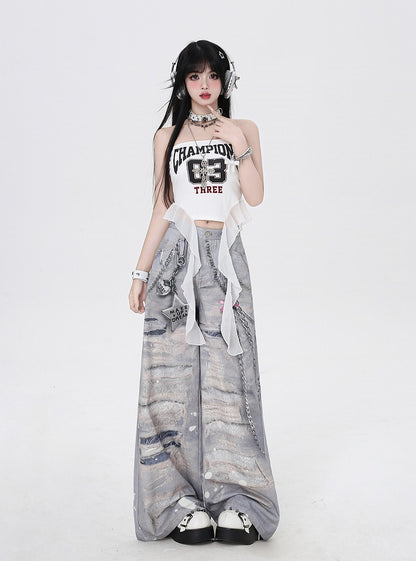 Grey Low Holes Waist Distressed Chains 3D Print Wide-Leg Casual Pants and