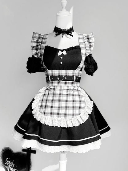 Shoulder Piece Lolita Maid One Set Cutout + Plaid Black Apron
