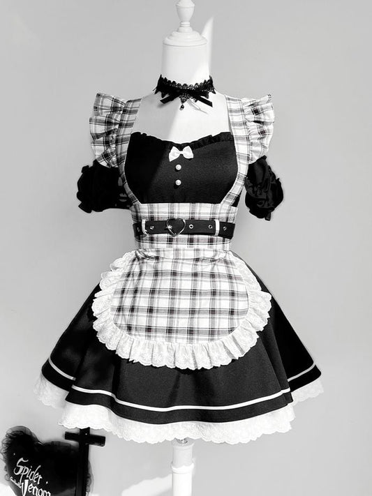 Shoulder Piece Lolita Maid One Set Cutout + Plaid Black Apron