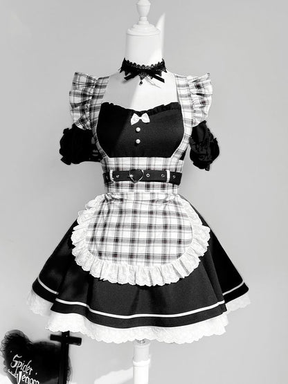 Set Schwarzes Stück + One Shoulder Plaid Cutout Schürze Maid Lolita