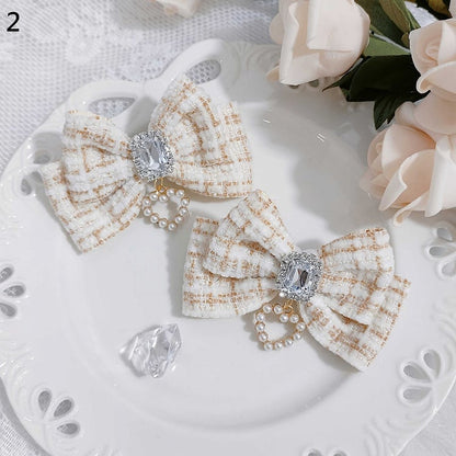 Jirai Kei Beaded Sweetheart Rhinestone Adorned Plaid Bowknot Hairclips