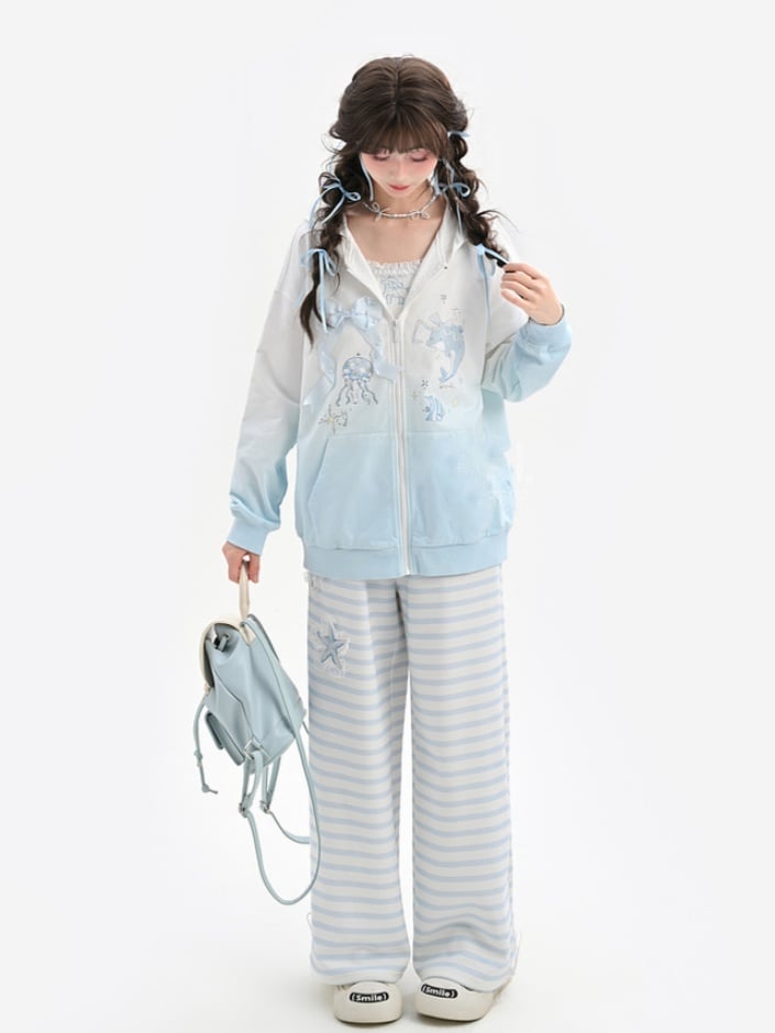 Blue and White Stripes Starfish Applique Straight-Leg Pants Regular/Short Version