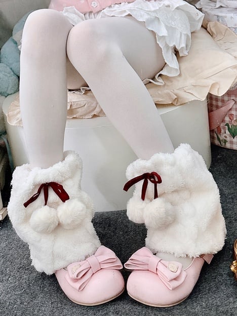 Grey Y2K Bowknot Plush Leg Warmers With Pompons