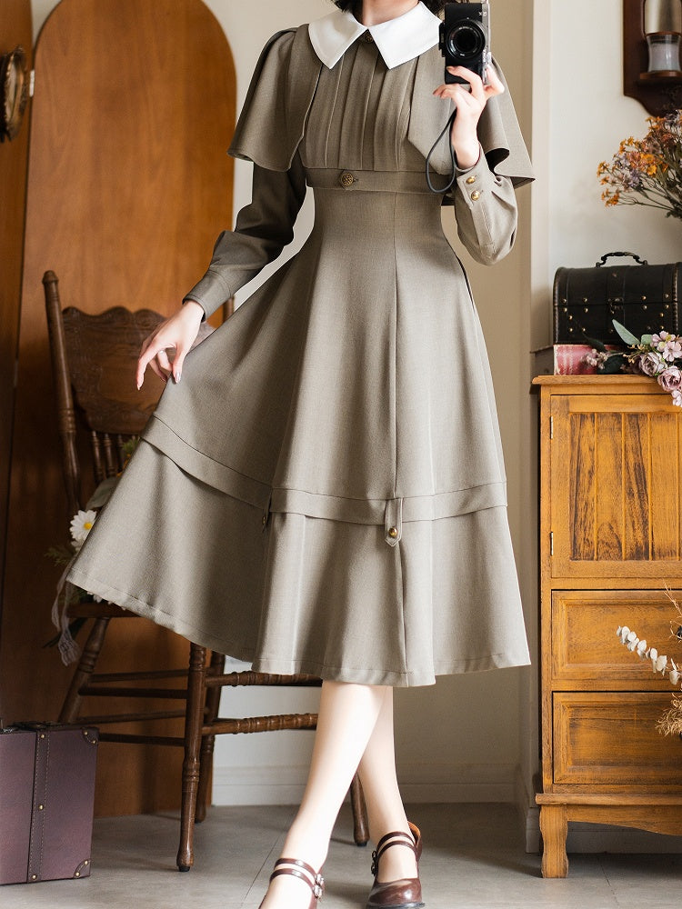 Khaki Detachable Cape Elegant Retro Slimming Dress