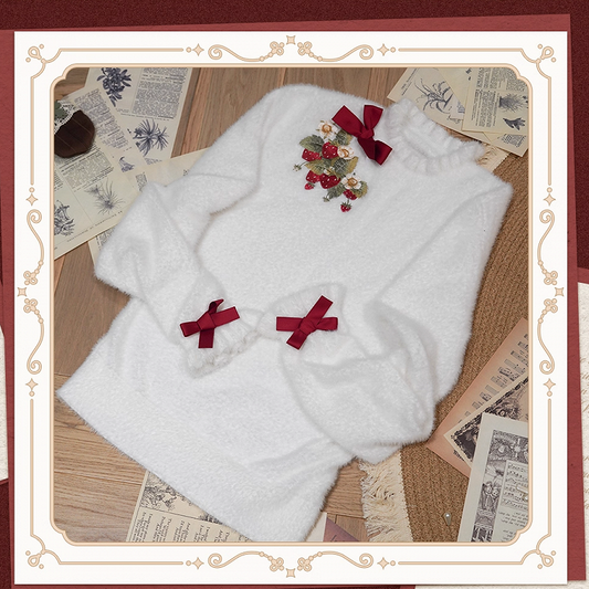 on Embroidery Autumn Top Neckline White Cuffs Knit Bowknot Strawberry