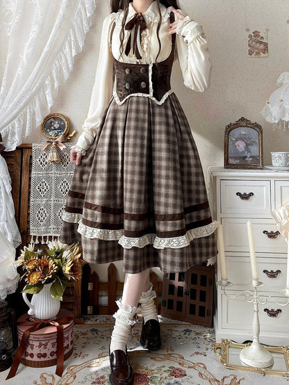 Brown Under Bust Plaid Pattern Lolita Dress Lolita Jumper Skirt