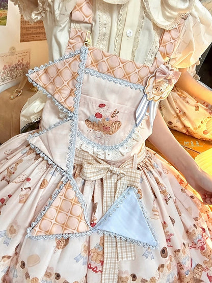 Beige Sweet Teddy Bear and Dessert Lolita Overall Dress