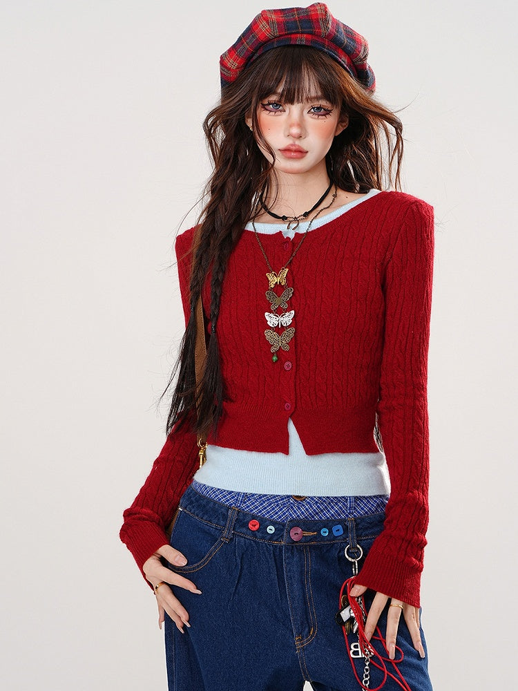 Red/Black/Grey Fake Two-piece Design Slim-fit Knit Top