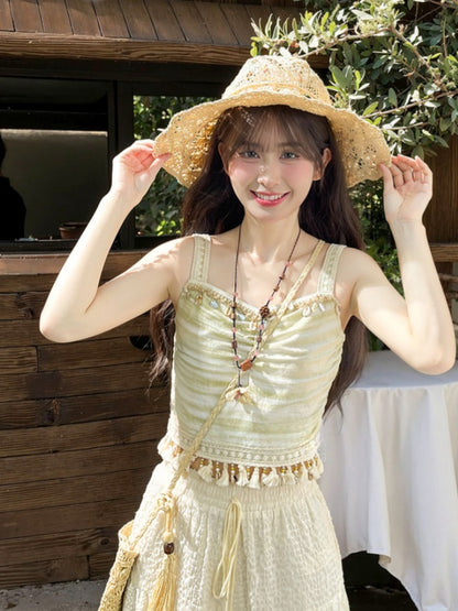 Cami Top Tassel Shell Charm Green Slim-fitting Hem