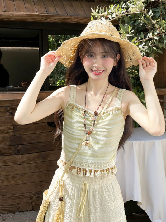 Cami Top Tassel Shell Charm Green Slim-fitting Hem