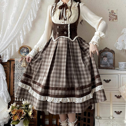 Brown Under Bust Plaid Pattern Lolita Dress Lolita Jumper Skirt