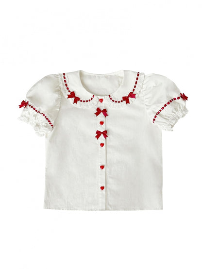 Süße Lolita-Bluse mit Puffärmeln und Herzknöpfen in Weiß und Rot