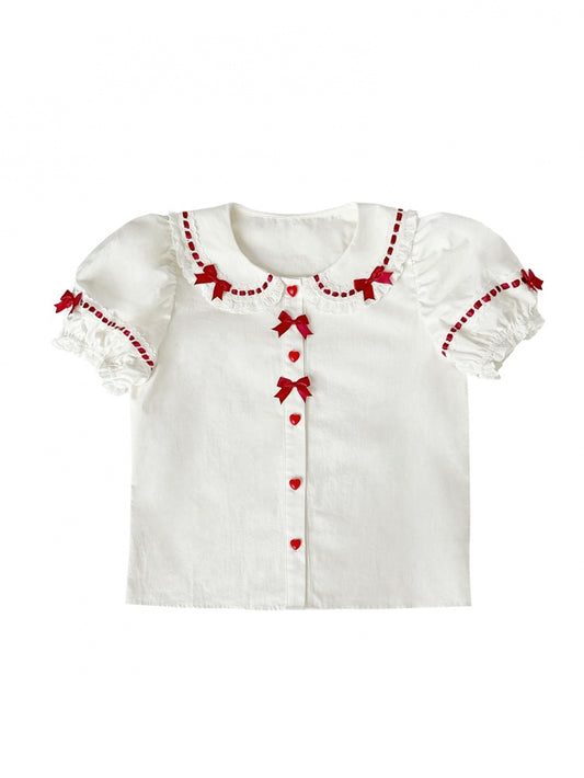 Süße Lolita-Bluse mit Puffärmeln und Herzknöpfen in Weiß und Rot