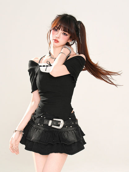 Faux Two-pieces Neckline Curved Hem Black Off-the-shoulder Glamorous T-Shirt