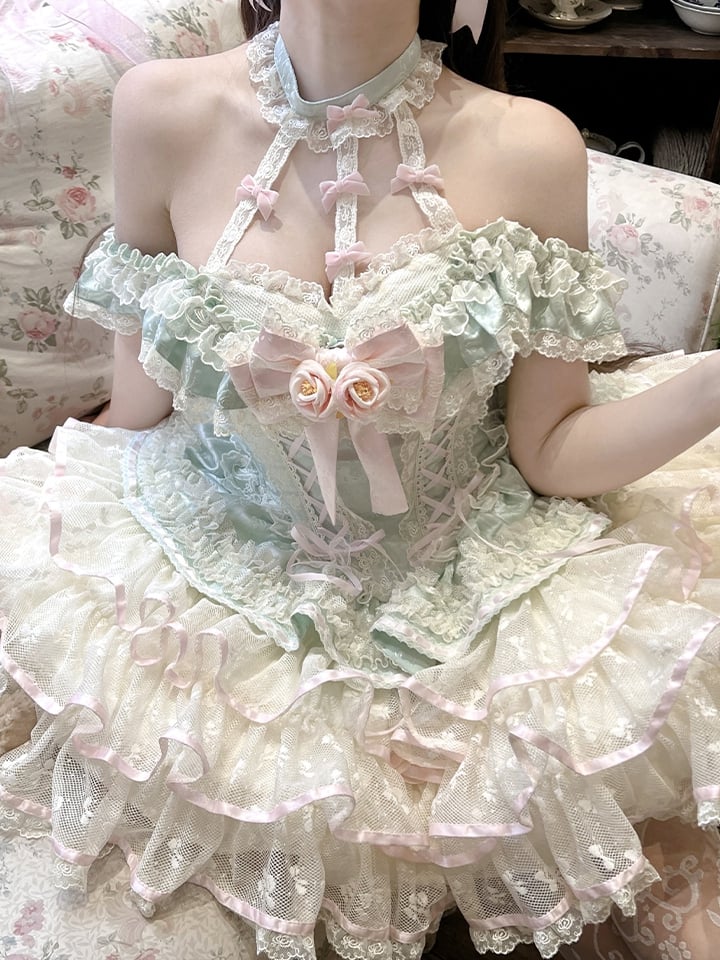Tiered Skirt Halter Kei Fairy Ruffles Neck Corset Lace Princess Dress Waist Mint Green