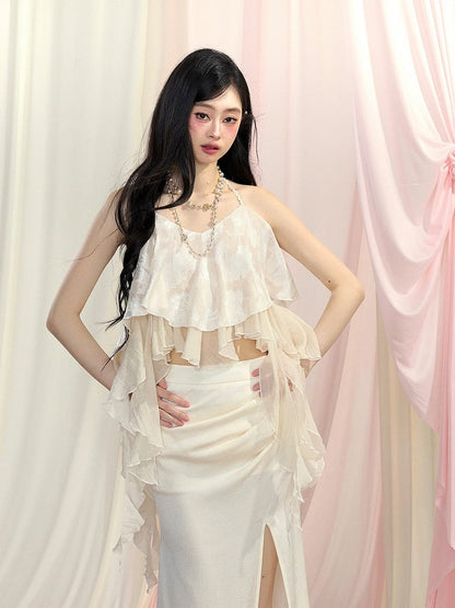 Top/Thigh-high Slit Skirt Apricot Asymmetrical Flounce Hem Halter Neck Chiffon