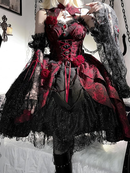 Black and Red Gothic Rosette Fabric High-low Skirt Dress Lolita JSK