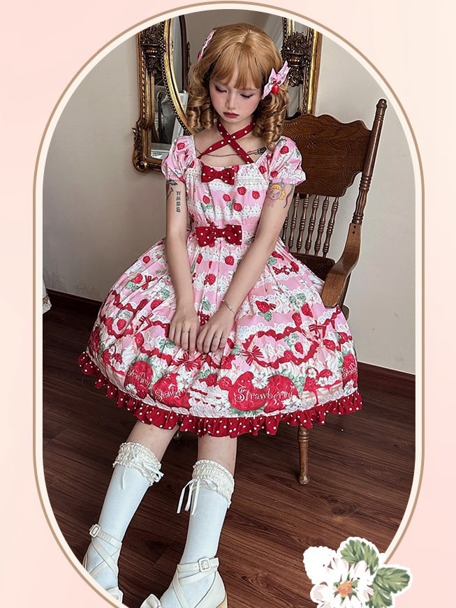 Pink Strawberry High Waist Sweet Lolita Dress
