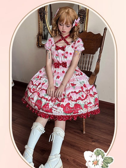 Pink Strawberry High Waist Sweet Lolita Dress