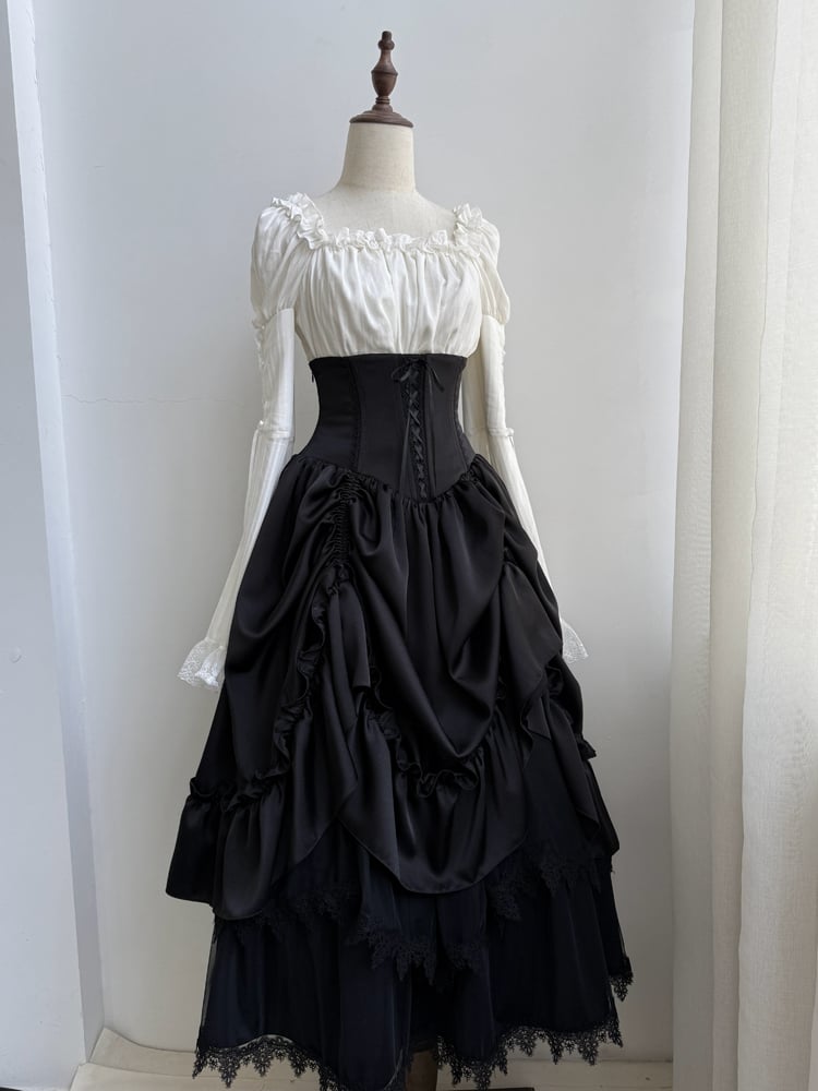 White Bell Ruffle Blouse Long Elastic Neckline Trimmed Sleeves