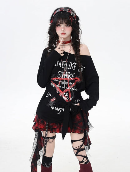 Top Schwarz Asymmetrischer Ausschnitt Star Graffiti Print Lose
