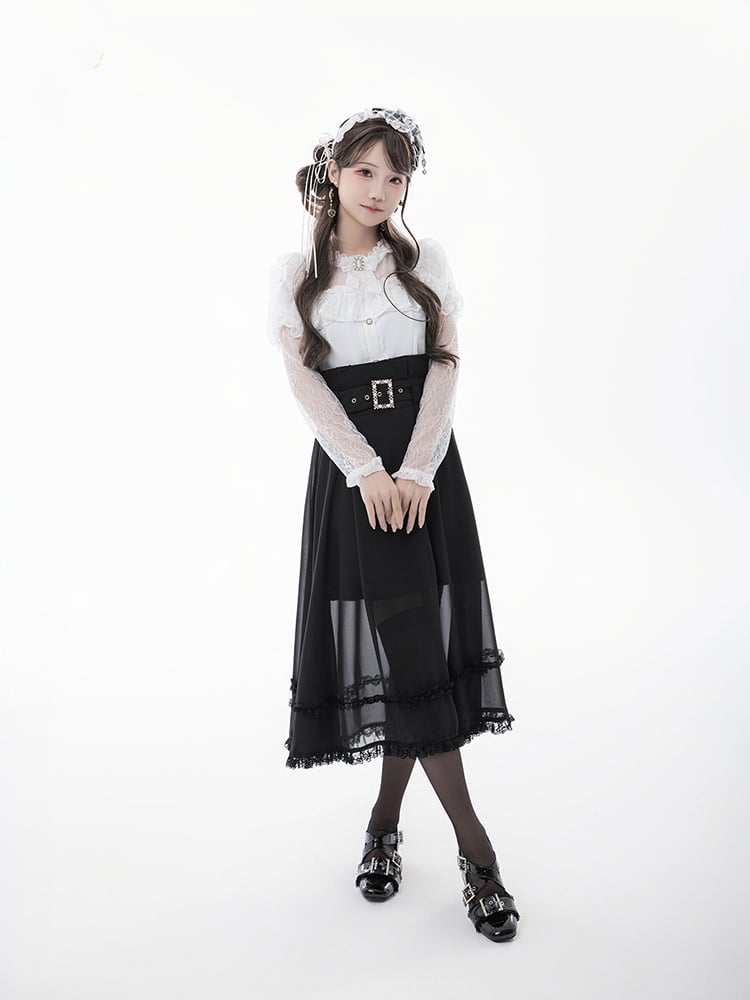 Blouse+Bow Tie White Illusion Neckline Juliette Sleeves Jirai Kei Lace