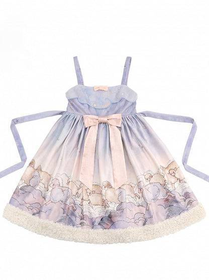 Lolita Top Knit Sheep Winter and Print Set Sleeves Dress Cloud Sweet for Autumn Purple +