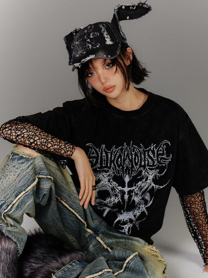Fishnet Long Sleeves Top Punk Black Hollow-out
