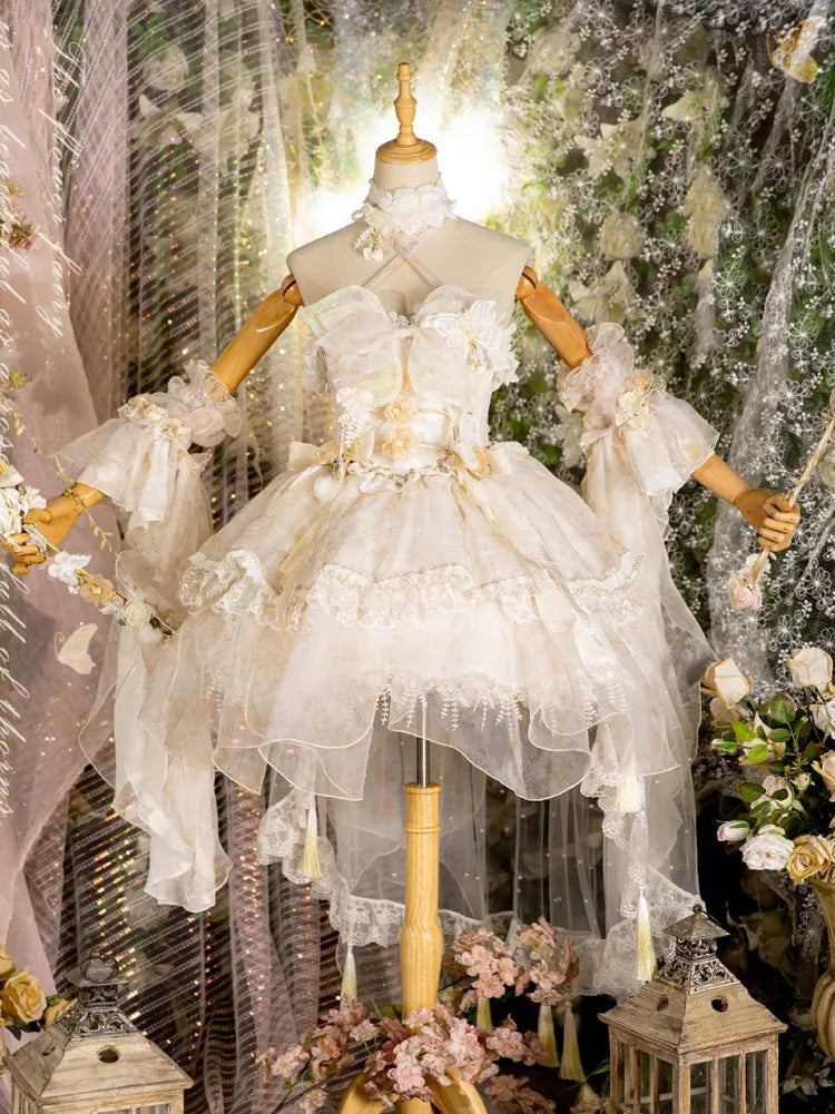 Lolita Fairycore Dress JSK Beige Full Design Princess and Set Butterfly Floral