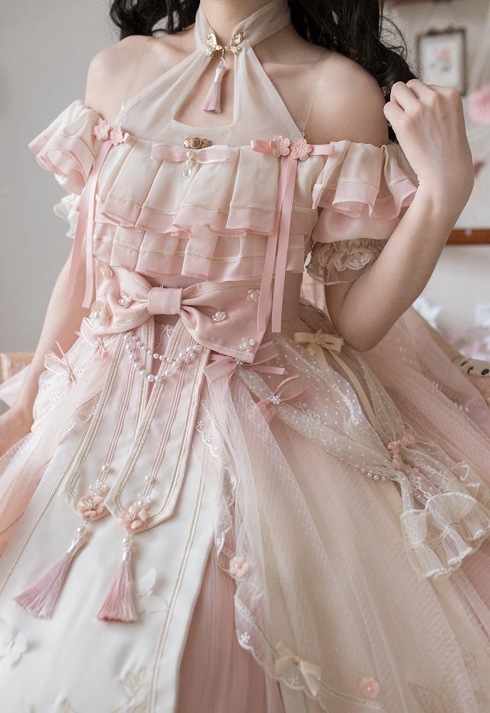 Ombre Pink Peach Blossom Halter Neck Han Lolita Dress