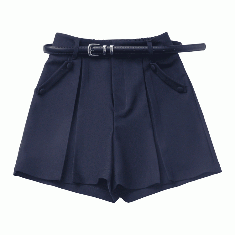 Navy Blue Box Pleat Shorts with Buckle Belt