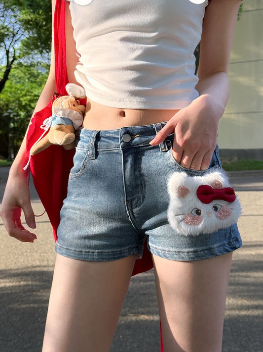 Rise Denim Shorts with Adorable Kitty Plushie Blue Low