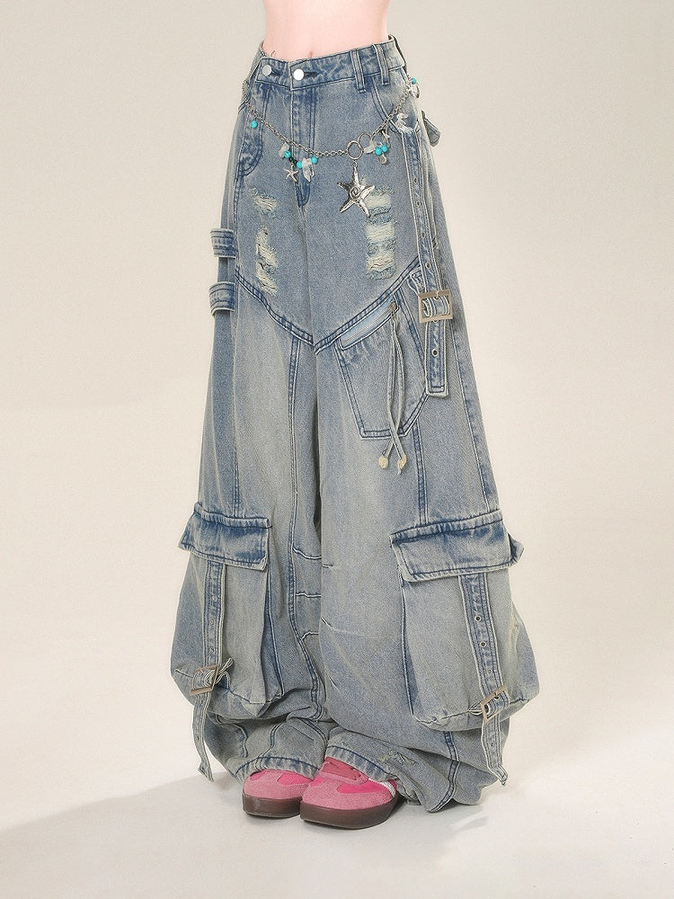Wide-Leg Jeans Cargo Pockets Blue Distressed Holes Buckle Straps