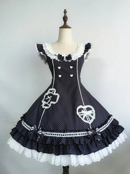 Polka-dot Ruffle Hemline Lolita Nurse Pattern Dress Layered Black