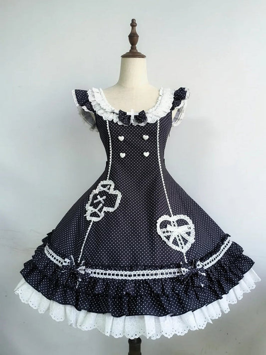 Polka-dot Ruffle Hemline Lolita Nurse Pattern Dress Layered Black