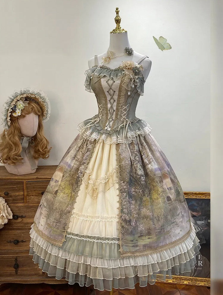 油絵プリントのグリーンレイヤードフリル裾ロリータスカート