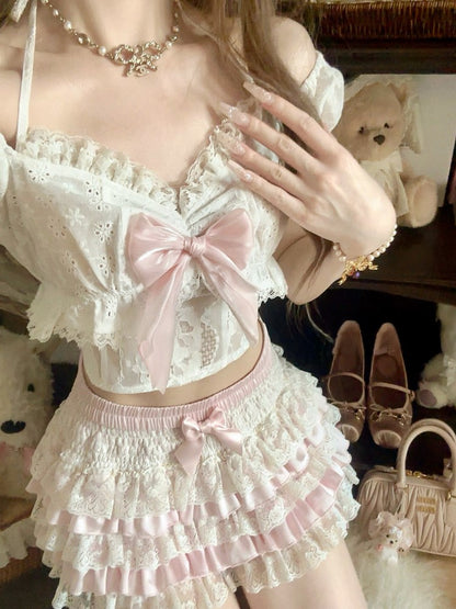 White Straps With Bow Pink Floral Embroidered Puff Sleeve Top Self-tie