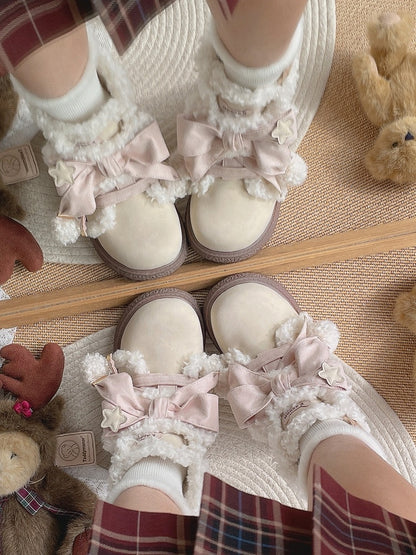in Classic Decor Lolita Pink Bow Boots Lining Plush Lacing Sweet Beige with