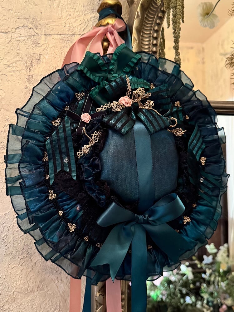 Chapeau Lolita à nœuds verts et fleurs