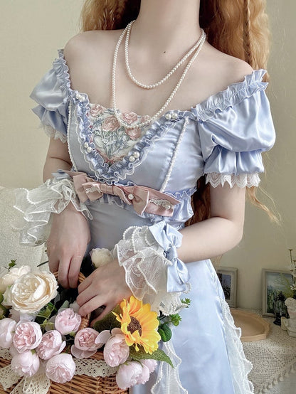 Blue Slim Fit Waist Floral Square Neckline Elegant Lolita Empire Dress